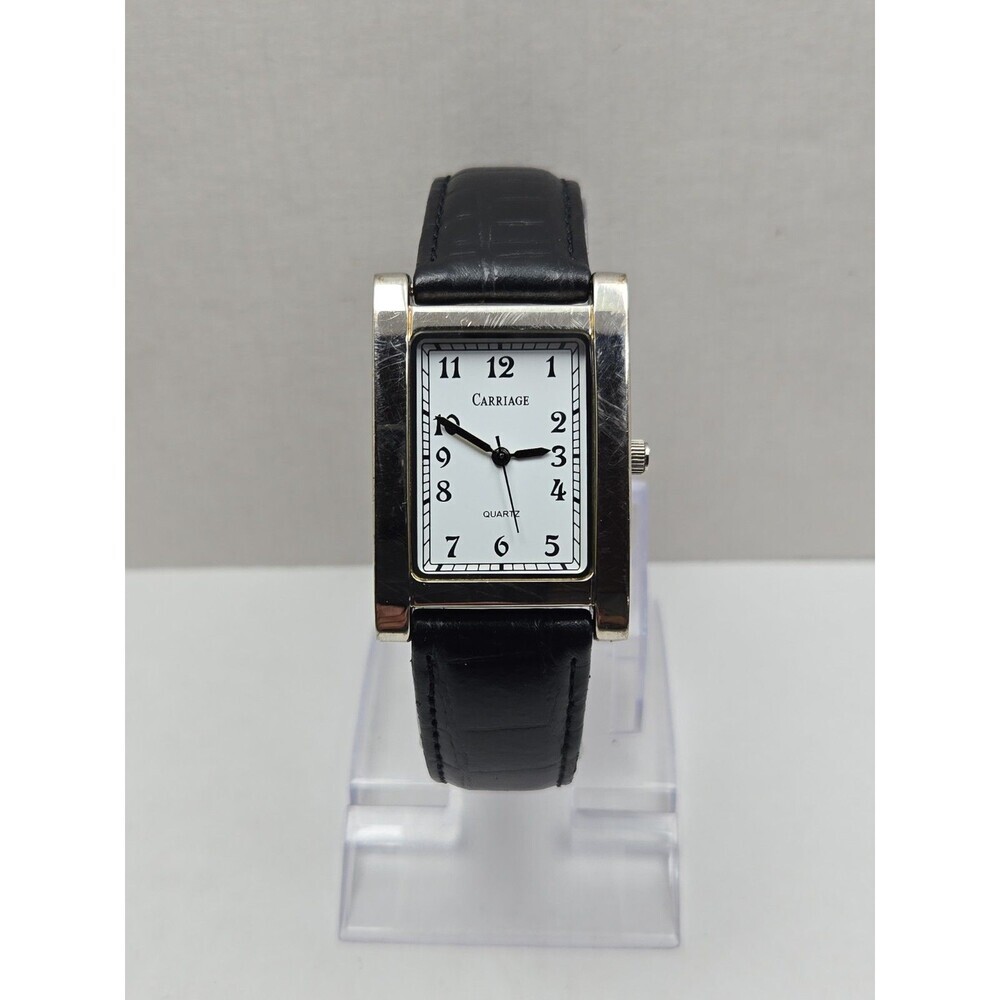 Vintage Timex Carriage 28mm Silver Tank Watch Black Strap Classic New Battery